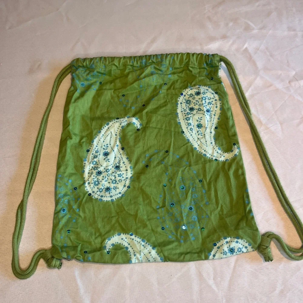 Old Navy Green Paisley Sequin Drawstring Backpack Cinch Bag One Size Y2K Fairy